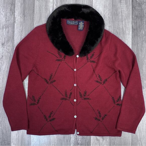 Vintage Burgundy Embroidered Cardigan Sweater Faux Fur Collar Beaded Medium Pet - Picture 3 of 7